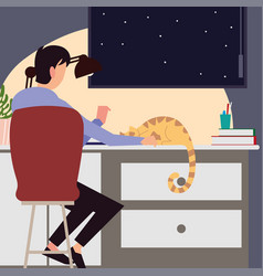 Woman With Cat In Desk With View Window Night