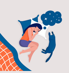 Woman Sleeping At Night With Cat Girl Sleep