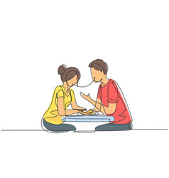 Single One Line Drawing Young Couple Eating