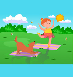 Cute Cartoon Girl Doing Yoga With Dog Outdoors