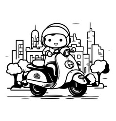 Cute Boy Riding Scooter In The City