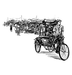 Drawing Rickshaw At Local Market In Myanmar