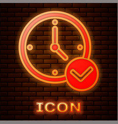 Glowing Neon Clock Icon Isolated On Brick Wall