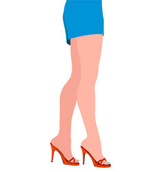 Slender Female Legs In Red High Heels And A Blue