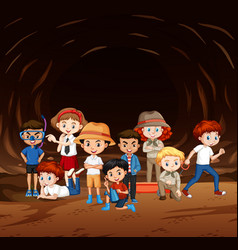 Scene With Many Kids Exploring Cave