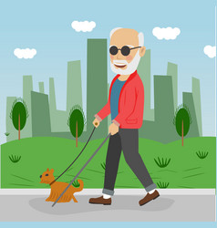 Senior Blind Man With Guide Dog Walking Outdoor