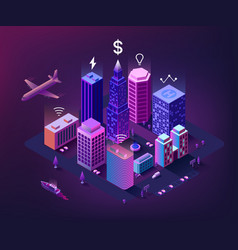 Isometric Buildings 3d Smart City In Neon Night