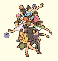 Bowling Sport Players Women Pose Cartoon