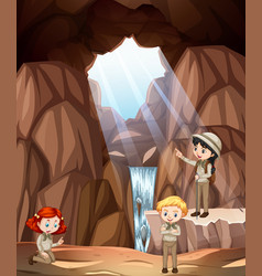 Scene With Three Kids Exploring Cave