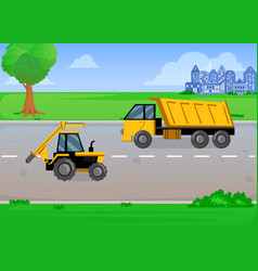 Cartoon Yellow Truck And Tractor On Road In Summer