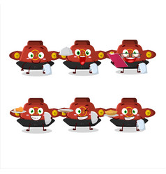 Happy Red Chinese Hat Waiter Cartoon Character