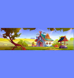 Cartoon Fairy Tale House Against Green Landscape