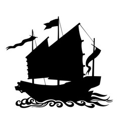 Silhouette Chinese Junk Ship Floating On Sea Waves