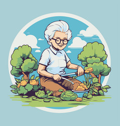 Elderly Woman Gardening In The Garden Cartoon