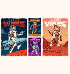 Set Of Vintage Space Posters With Pin Up