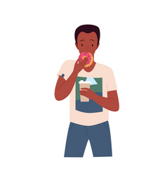 Man Eating Donut And Drinking Coffee Hungry Male