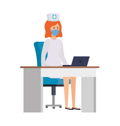 Nurse With Face Mask In Desk And Laptop