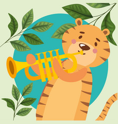 Tiger Playing Trumpet With Leafs