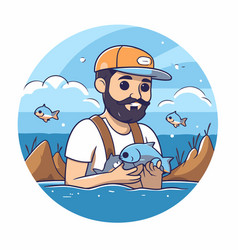 Fisherman With Fish In A Flat Style