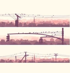 Horizontal Banners Of Flock Birds On City Power