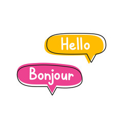 Hello Bonjour Handwritten Text In Speech Bubble