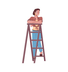 Woman Standing On Ladder Resting From Repair