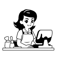 Cute Cartoon Woman Working At The Computer In A