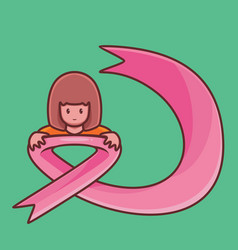 Breast Cancer Girl Hug A Pink Tape Cartoon Woman