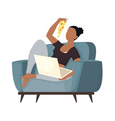 Afro Young Woman Using Laptop And Eating Pizza