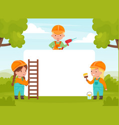 Empty Banner With Boy And Girl Builder Character