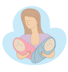 Mothers Day Hand Drawn Mom Holds Two Babies