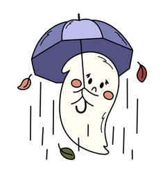 Cute Sad Ghost With An Umbrella In The Rain