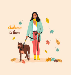 Girl Walking With Dog In Autumn