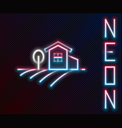 Glowing Neon Line Village Landscape Icon Isolated