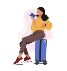 Woman Character With Ticket Sitting On Her Luggage