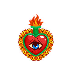 Mexican Sacred Heart With Eye And Burning Flames