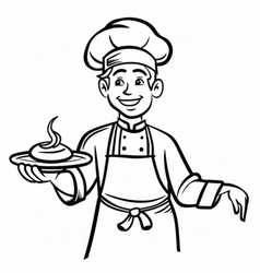 Cartoon Chef Holding A Plate - Fun Line Drawing