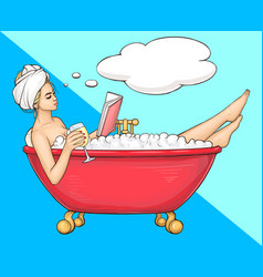 Woman Having Bath In Bathtub With Book And Wine