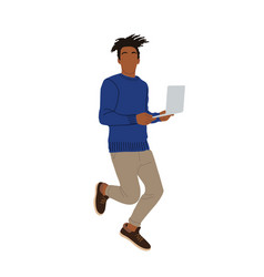 Black Man Working At Laptop Walking