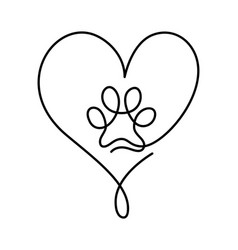 Heart With Cat Or Dog Paw In Continuous One Line