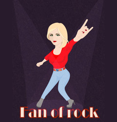 Blond Woman Doing Rock Sign On Dark Background