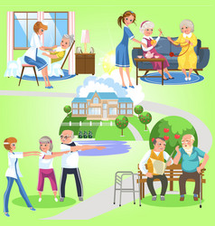 Set Of Old Women And Men Spending Time In Nursing