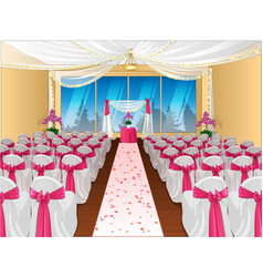 Wedding Venue With Altar And Chairs With Pink Bows