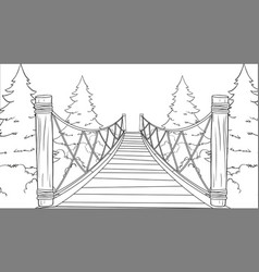 Black And White Drawing Of A Bridge In Forest