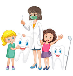 Happy Children Holding Big Tooth And Dentist