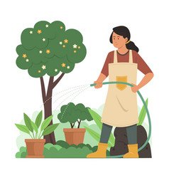 Woman Watering Plants In Garden