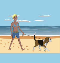 Young Woman And Dog Walking On The Beach