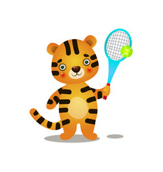 Cute Kid Tiger Play Court Tennis With Wood Racket