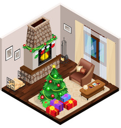 Isometric Lounge Christmas Interior With Fireplace