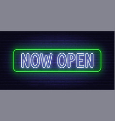 Now Open Neon Sign On Brick Wall Background